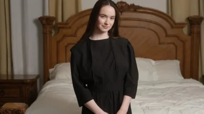 Busty suburban beautiful girl teases her hairy hungry pussy